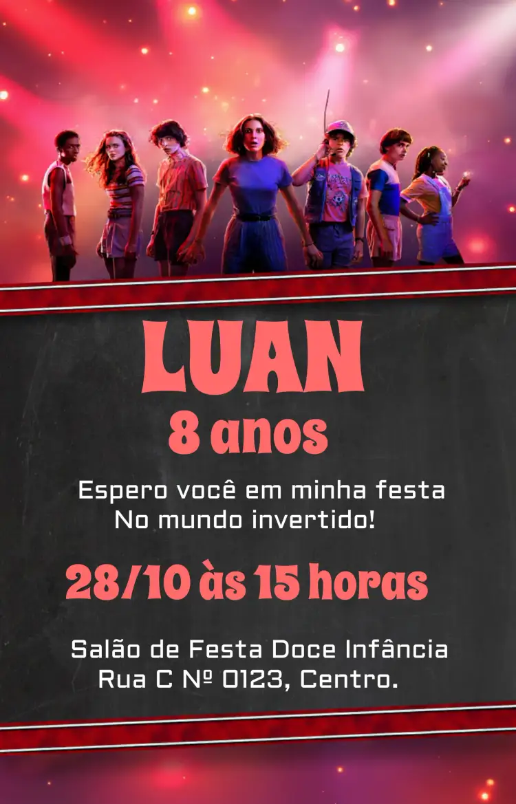 Convite Stranger Things Vermelho – tema Mais pesquisados chalkboard, vermelho vibrante, estilo retrô, inspiração na série, divertido e lúdico, temática de aventura