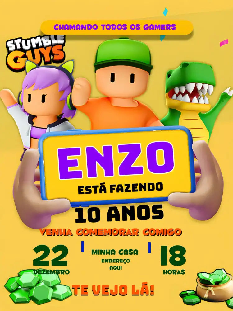 Convite Stumble Guys Azul – tema Mais pesquisados colorido, gamer, moderno, divertido, infantil