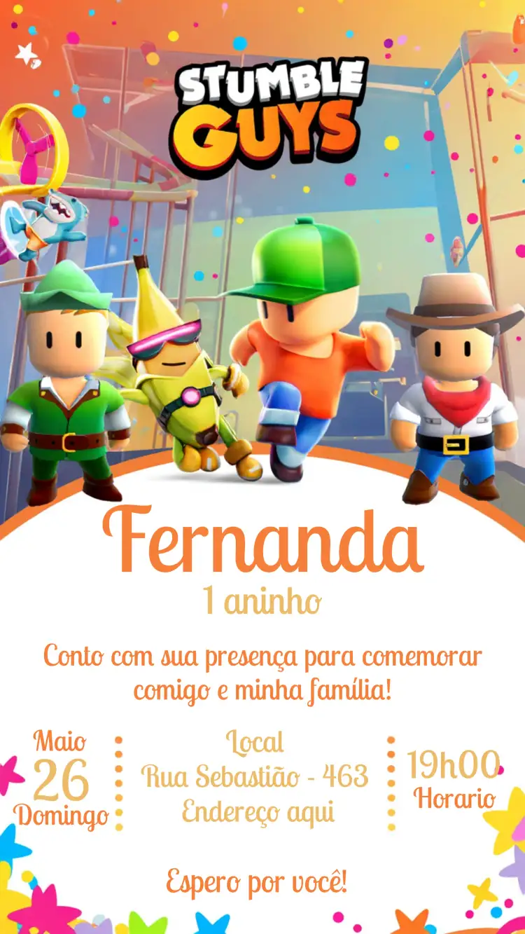 Convite Stumble Guys Infantil – tema Aniversário colorido, divertido, jogos, infantil, moderno