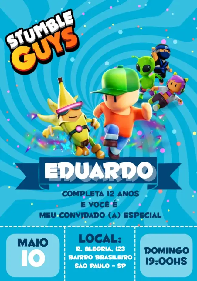 Convite Stumble Guys Brawl – tema Mais pesquisados colorido, gamer, divertido, moderno, jogos, infantil