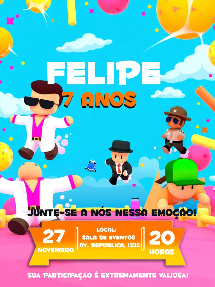 Convite Stumble Guys Preto – tema Mais pesquisados moderno, divertido, colorido, jogos, temático, jovem