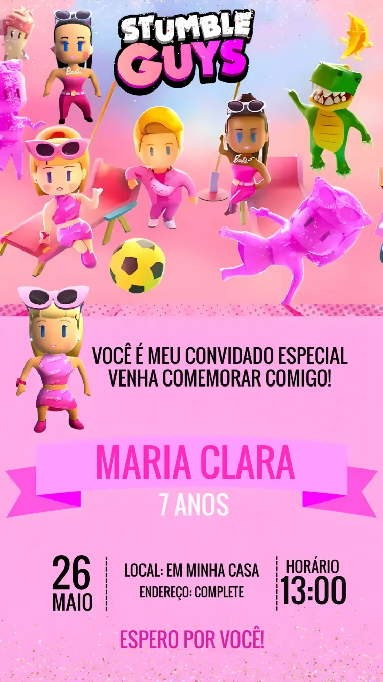 Convite Stumble Guys Rosa Jogo – tema Mais pesquisados divertido, colorido, gamer, moderno, temático