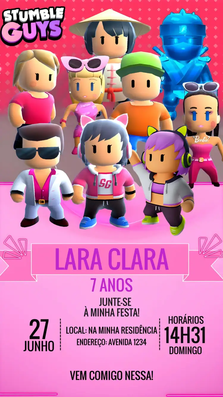 Convite Stumble Guys Rosa Menina – tema Aniversário Infantil rosa, gamer, divertido, colorido, moderno, temático