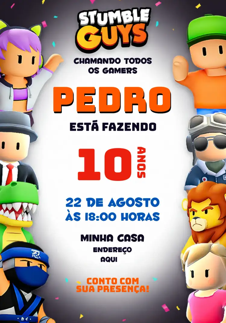 Convite Stumble Guys Verde – tema Mais pesquisados colorido, gamer, moderno, divertido, jovial, animado