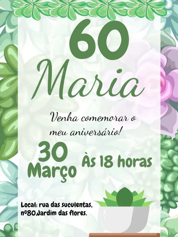 Convite Suculentas Plantas – tema Aniversário floral, moderno, minimalista, verde, elegante, tropical