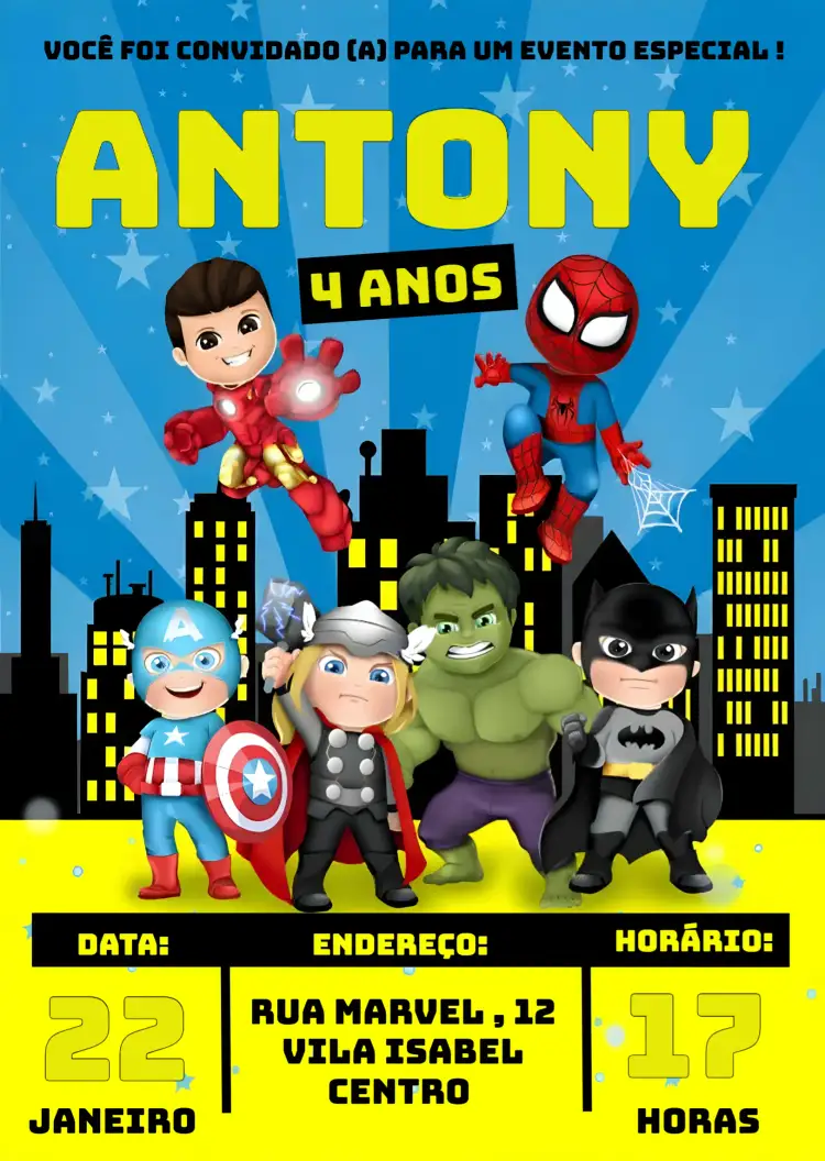 Convite Super Heróis Baby Vingadores Homem – tema Mais pesquisados colorido, temática de super-heróis, vibrante, moderno, divertido, infantil