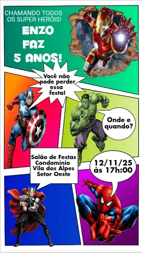 Convite Super Heróis – tema Aniversário Infantil colorido, divertido, dinâmico, ilustrações de heróis, estilo gibi, moderno