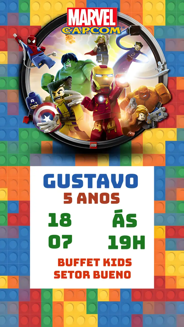 Convite Super Herois Marvel Lego Logo – tema Mais pesquisados colorido, divertido, moderno, infantil, temático