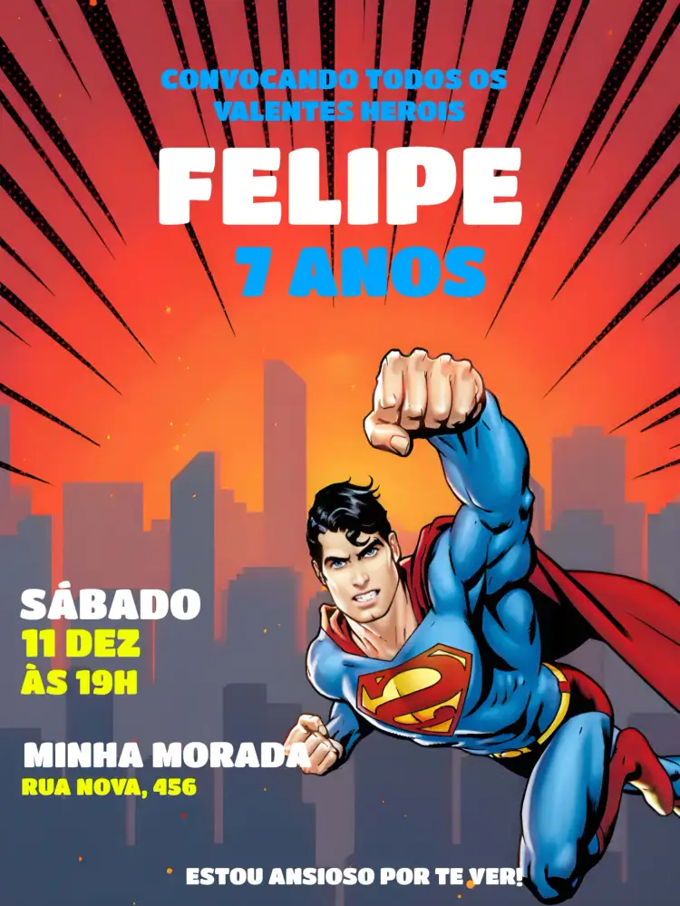 Convite Super Homem Cidade – tema Mais pesquisados super-herói, cidade, colorido, moderno, jovial, divertido