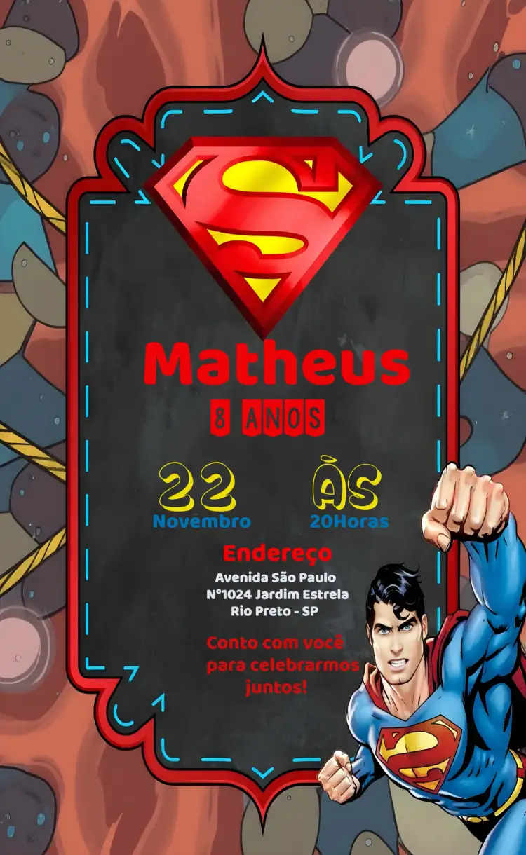 Convite Super Homem Herói – tema Mais pesquisados vermelho, preto, quadrinhos, moderno, aventura, temática