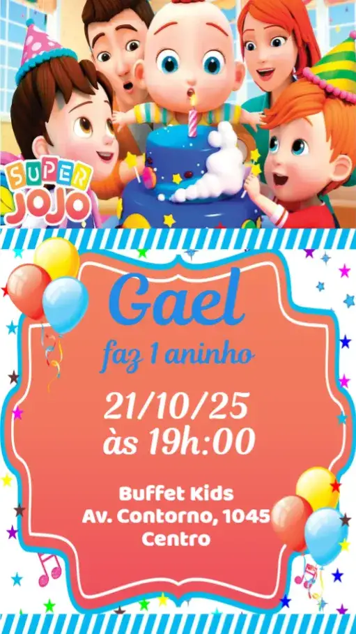 Convite Super Jojo – tema Aniversário Infantil colorido, lúdico, divertido, moderno, temática infantil, alegre