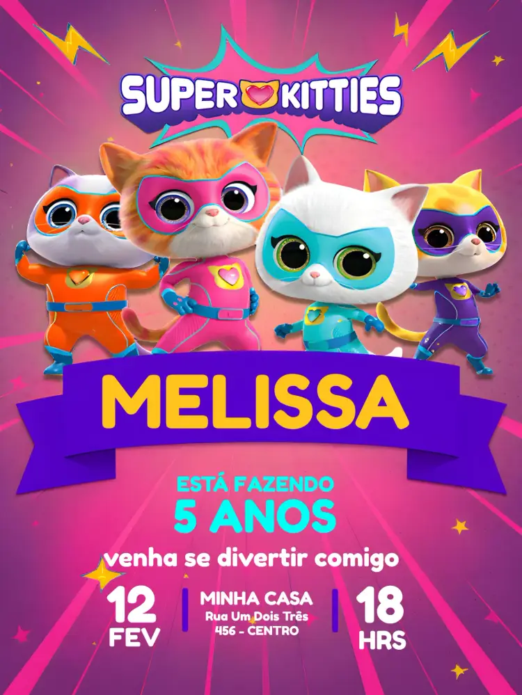 Convite Super Kitties Rosa Menina Gatas