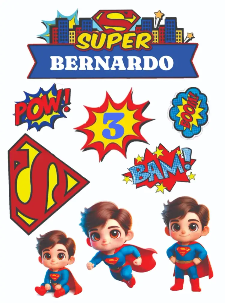 Invitación Super Man Baby – tema Topper de torta colores vibrantes, superhéroe, estilo divertido, elementos gráficos infantiles, tema de cumpleaños, diseño moderno