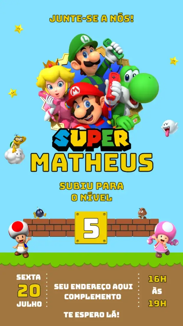 Convite Super Mario – tema Aniversário Infantil colorido, divertido, jogos, vibrante, infantil, temático