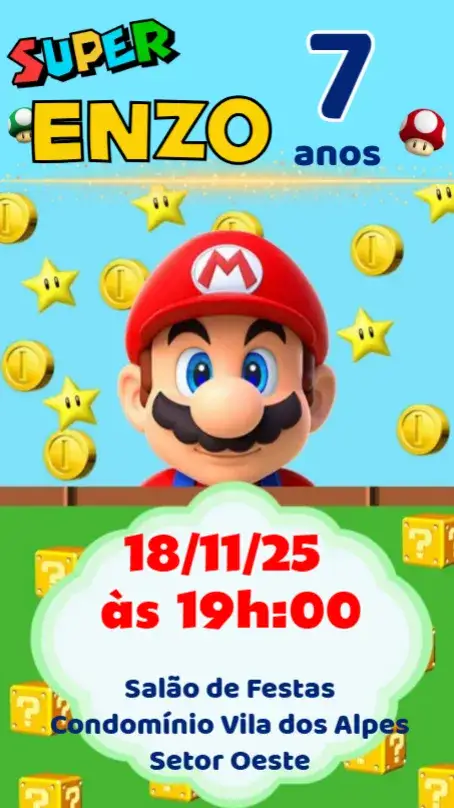 Invitación Super Mario – tema Cumpleaños Infantil colorido, juegos, divertido, temático, infantil