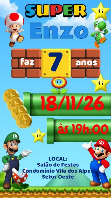 Convite Super Mario – tema Aniversário Infantil colorido, divertido, lúdico, temático, jogos, aventura