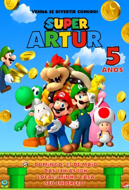 Convite Super Mario 2 – tema Aniversário colorido, divertido, jogo, infantil, vibrante