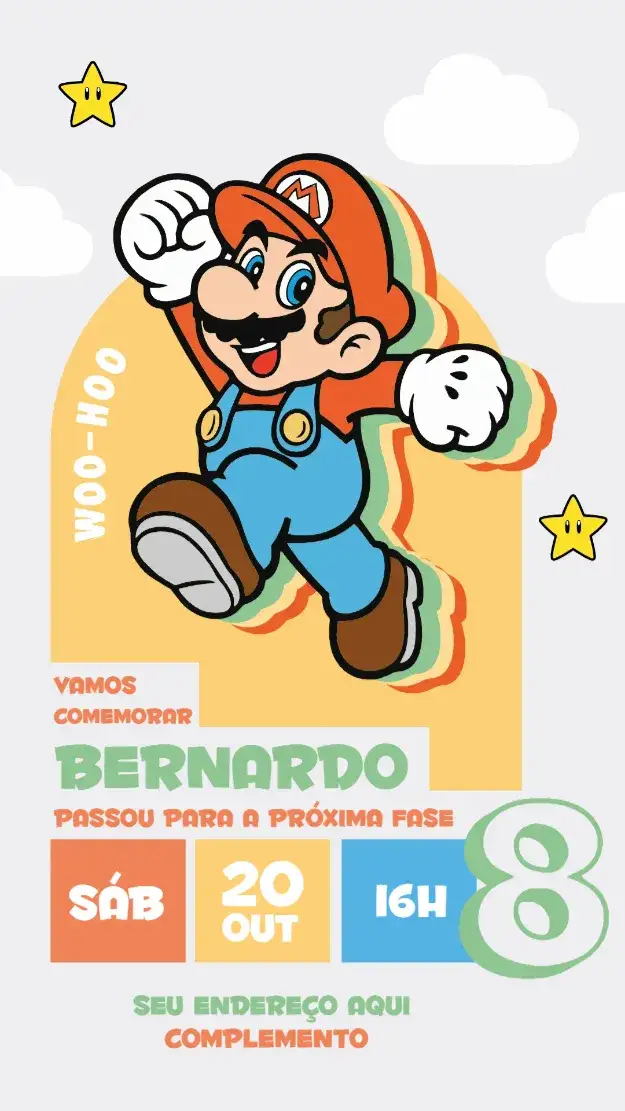 Convite Super Mario – tema Aniversário Infantil vibrante, brincalhão, colorido, vintage, jogos, Nintendo