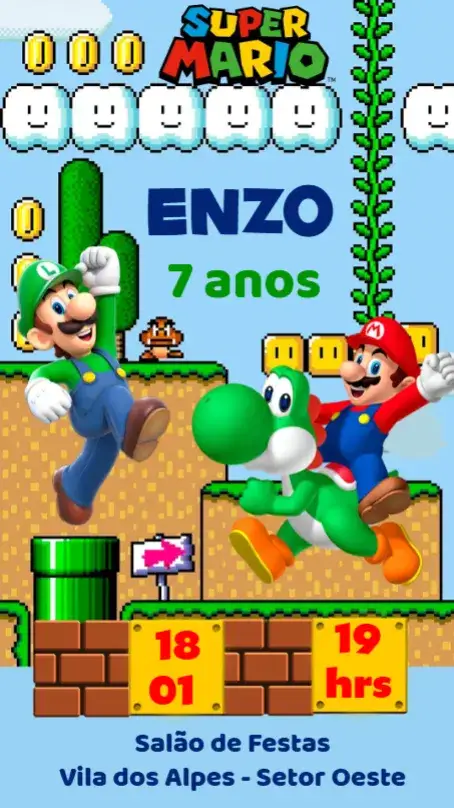 Convite Super Mario – tema Aniversário Infantil colorido, divertido, temático, jogos, vintage, moderno
