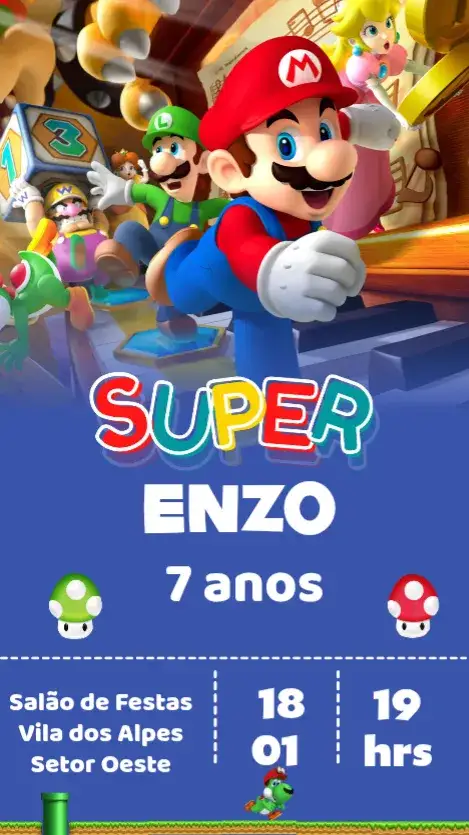 Convite Super Mario – tema Aniversário Infantil colorido, divertido, jogos, aventura, estilo pixel, motivos infantis
