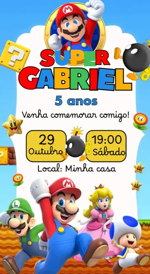 Convite Super Mario – tema Aniversário Infantil colorido, divertido, ilustrações de dinossauros, temática infantil, natureza, brincadeiras
