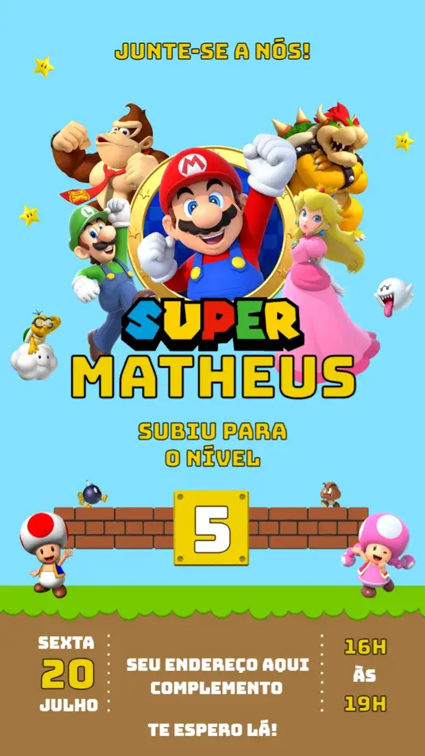 Convite Super Mario – tema Aniversário Infantil colorido, divertido, jogos, infantil, personagens
