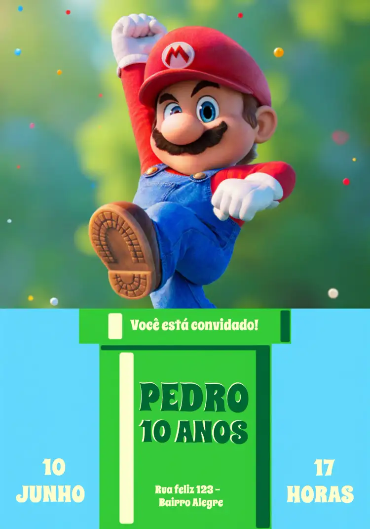 Convite Super Mario Vermelho – tema Aniversário colorido, divertido, temático, jogos, infantil