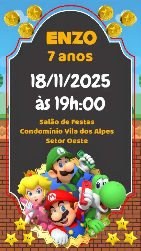 Convite Super Mario Bros – tema Aniversário Infantil colorido, divertido, jogos, personagens, infantil, aventura