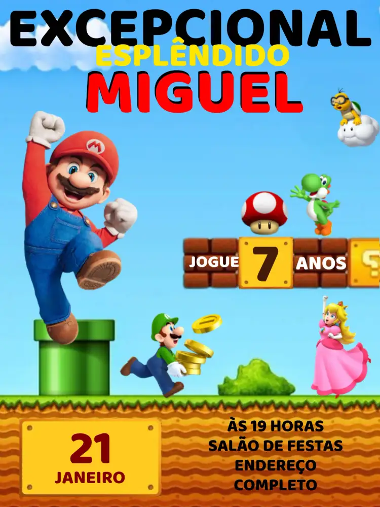Convite Super Mario Bros Amarelo – tema Mais pesquisados divertido, colorido, jogos, infantil, temático