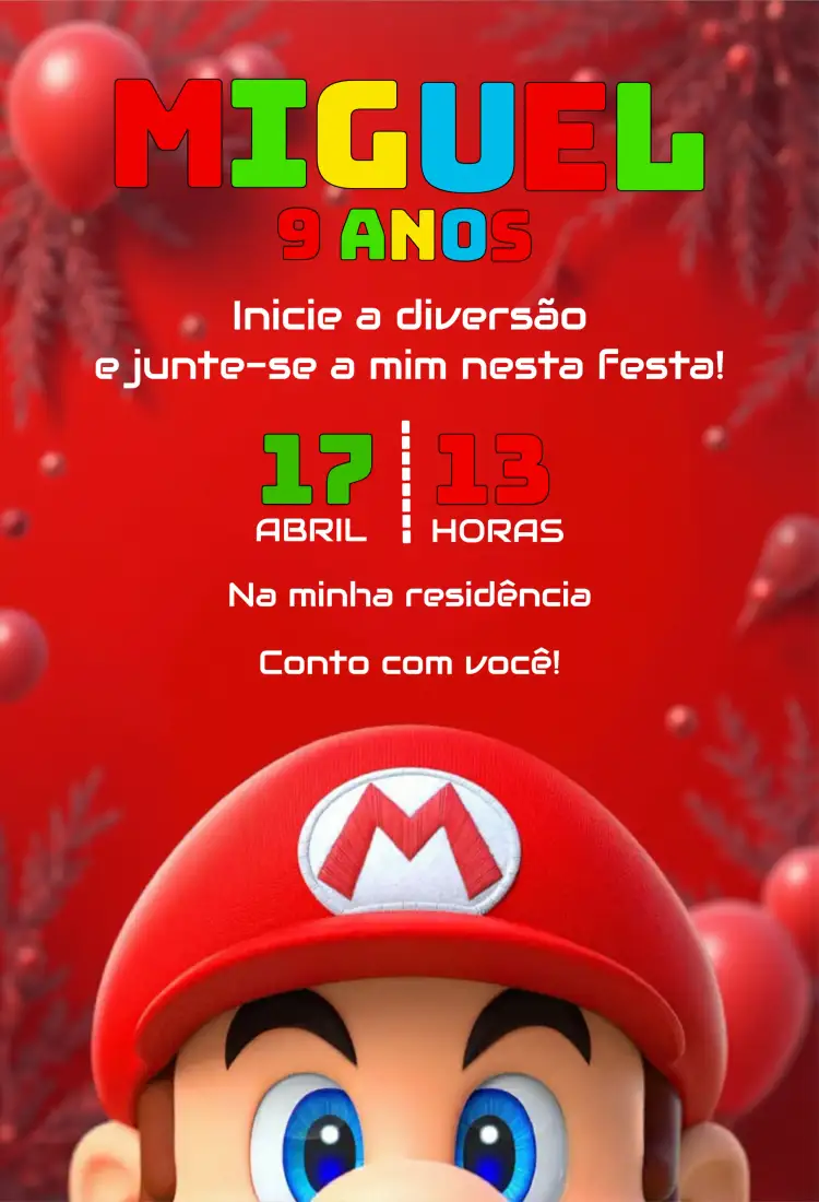 Convite Super Mario Bros – tema Mais pesquisados vermelho, divertido, jogos, infantil, colorido, temático