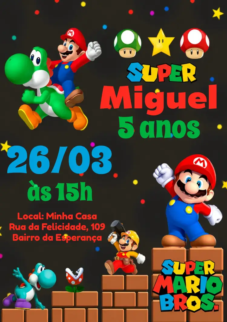 Convite Super Mario Bros Estrela – tema Mais pesquisados colorido, divertido, jogos, infantil, lúdico, nintendo