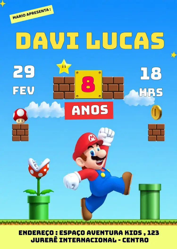 Convite Super Mario Bros Infantil – tema Aniversário Infantil colorido, temático, aventura, jogos, divertido, infantil