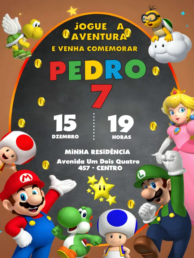 Convite Super Mario Bros Peach – tema Mais pesquisados colorido, lúdico, divertido, jogos, fantasia, vintage