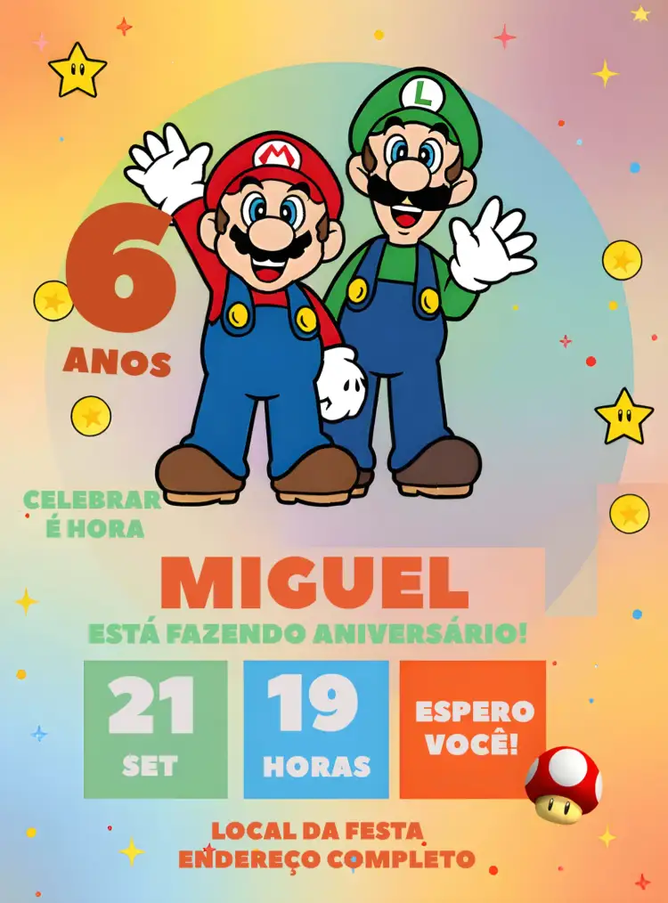 Convite Super Mário E Luigi Gamer – tema Mais pesquisados colorido, lúdico, moderno, jogos, infantil, temático