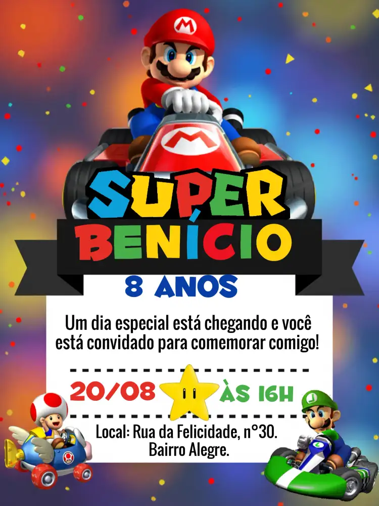 Convite Super Mário Kart Game – tema Mais pesquisados colorido, temático, vintage, divertido, jogos, moderno