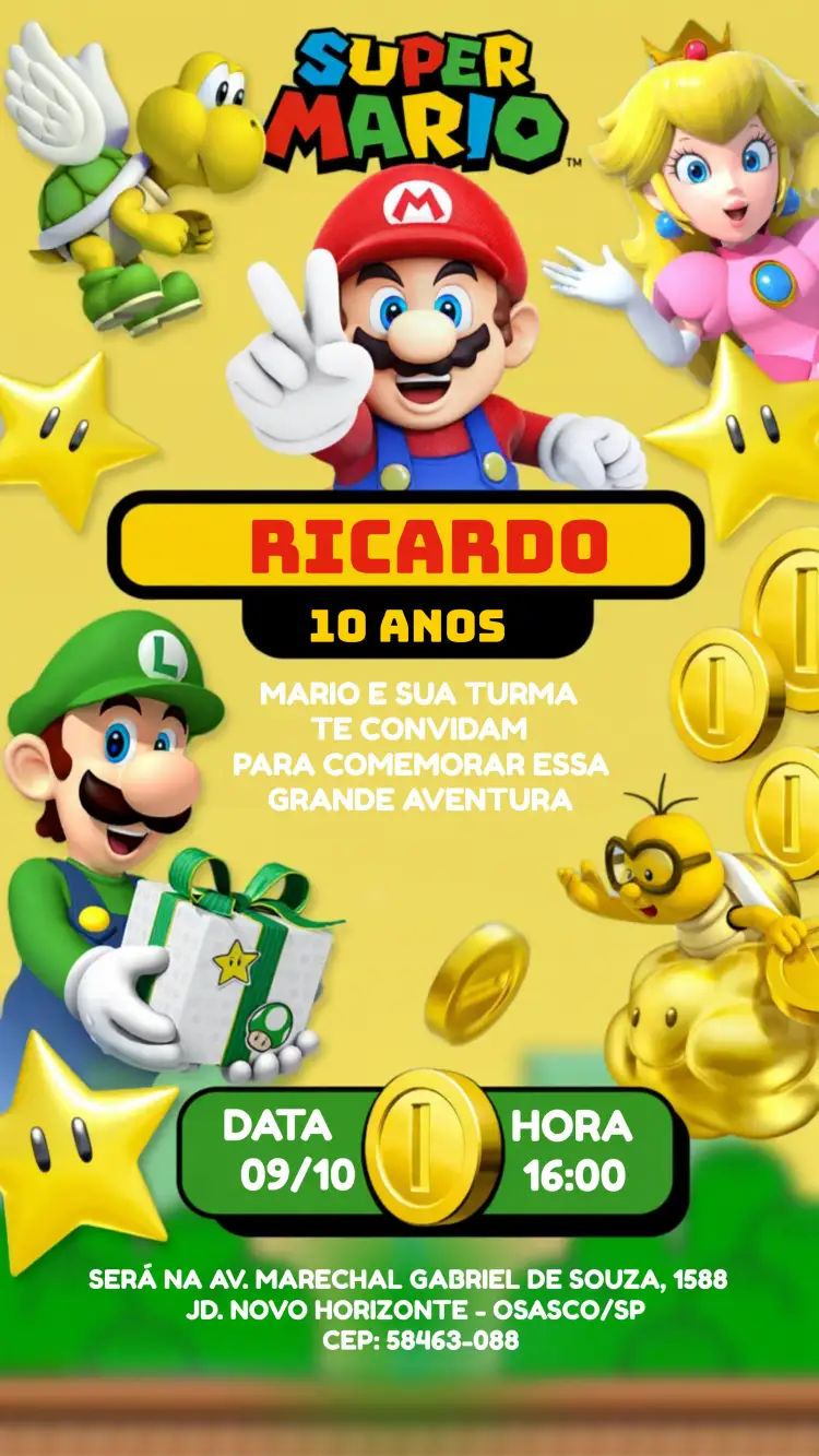 Convite Super Mario Luigi – tema Aniversário Infantil cores vibrantes, estilo de jogos, elementos de aventura, divertido e lúdico, personagens icônicos, design colorido
