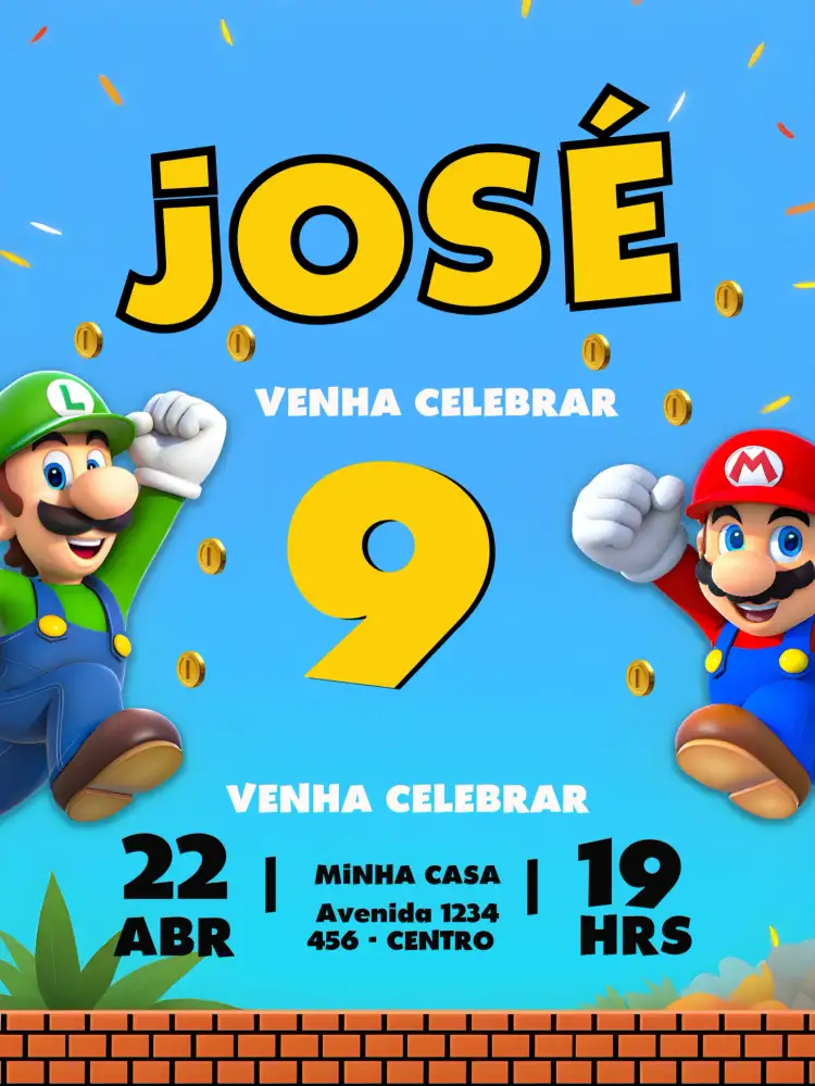Convite Super Mario World Jogo – tema Mais pesquisados colorido, temático, jogos, divertido, vintage, animado