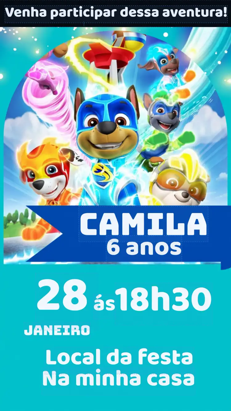 Convite Super Patrulha Canina Desenho – tema Mais pesquisados azul vibrante, estilo cartoon, elementos gráficos divertidos, tema infantil, design moderno