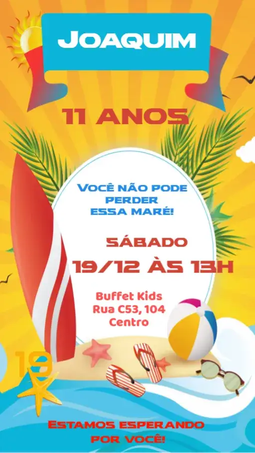 Convite Surf – tema Aniversário Surf, Praia, Tropical