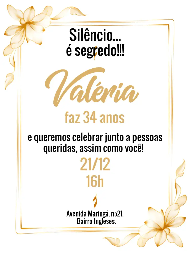 Convite Surpresa Branco – tema Aniversário floral, elegante, moderno, neutro, dourado, minimalista