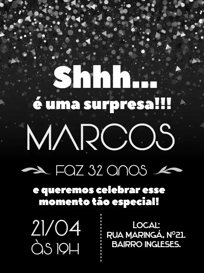 Convite Convite digital surpresa shh preto e prata – tema Aniversário elegante, moderno, brilhante, neutro, minimalista