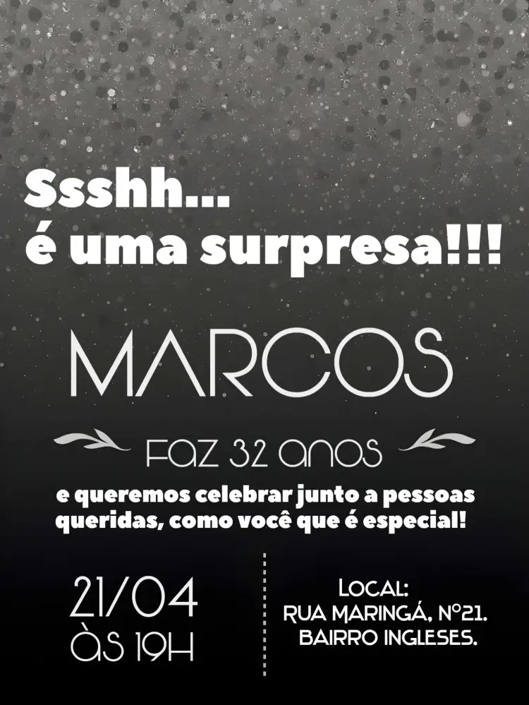 Convite Surpresa Glitter Shhh – tema Aniversário elegante, moderno, brilhante, neutro, minimalista