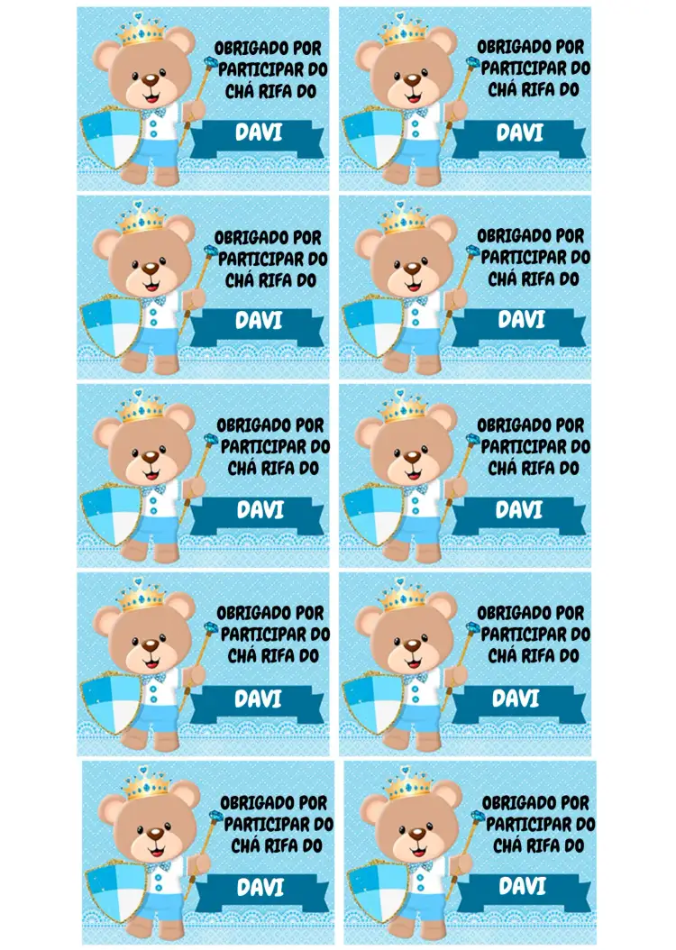 Convite Tag Chá Rifa Ursinho Príncipe Lembrancinha – tema Chá Rifa azul claro, branco, ursinho, moderno, colorido