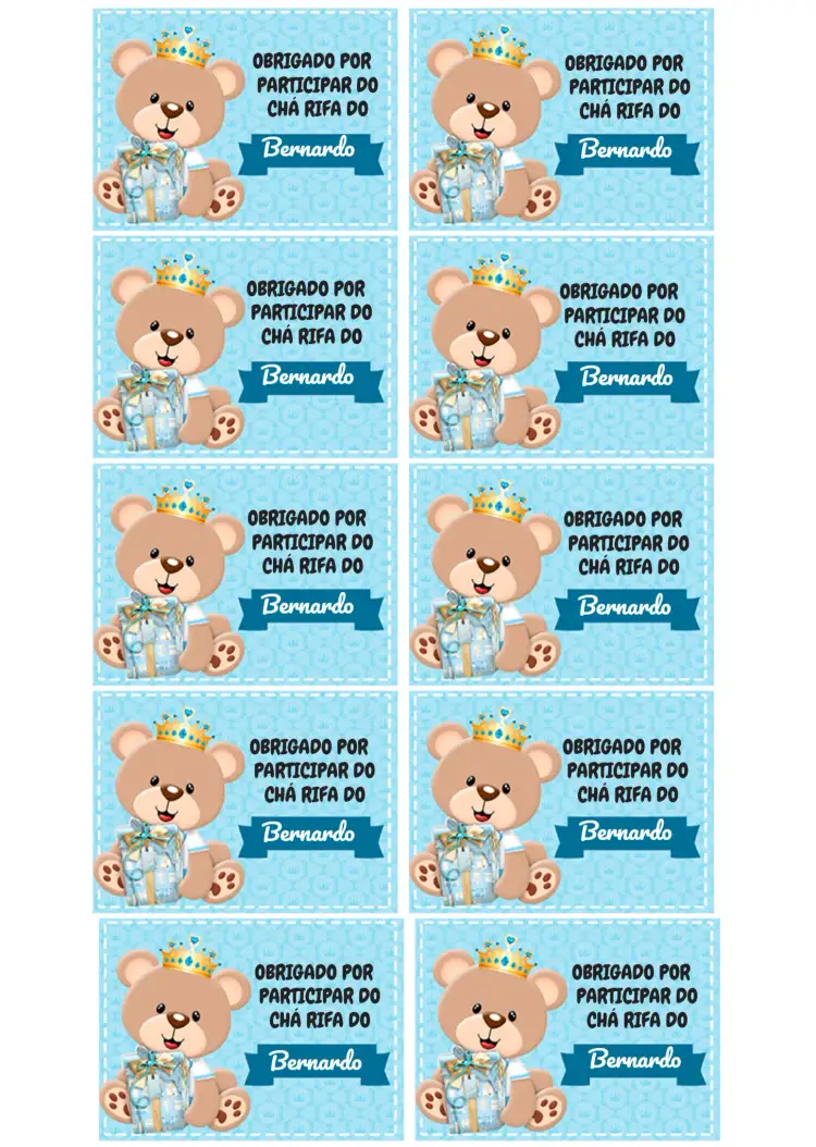 Convite Tag Chá Rifa Ursinho Príncipe Principe – tema Chá Rifa azul claro, ursinho, moderno, infantil, divertido, sustentável