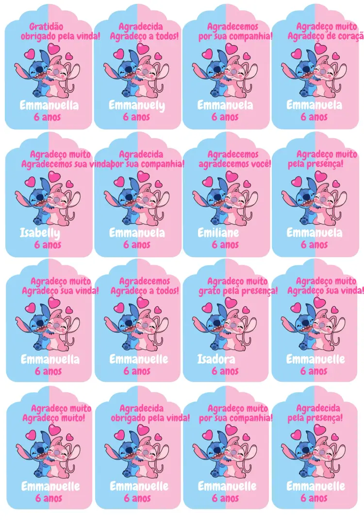 Convite Tag De Agradecimento Stitch E Angel Rosa