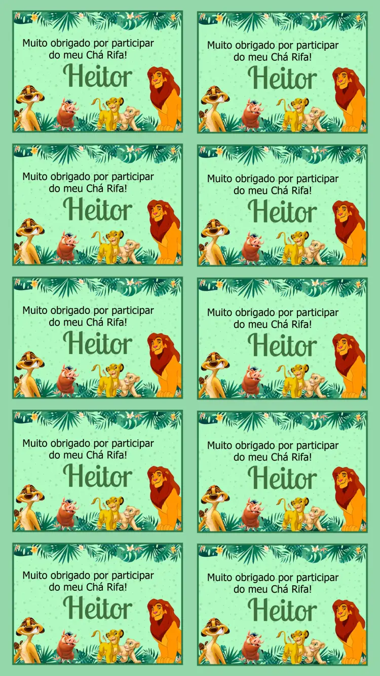 Convite Tag De Rei Leão Rifa – tema Aniversário Infantil selva, animais, cores vibrantes, aventura, mundo infantil