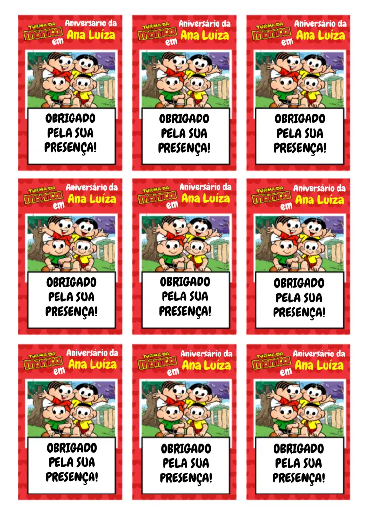 Convite Tag Turma Da Mônica Personagens – tema Aniversário Infantil colorido, divertido, infantil, ilustrações da Turma Da Mônica, alegre, brincalhão
