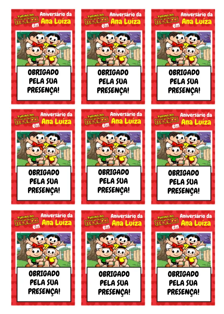 Convite Tag Turma Da Mônica Personagens editável e personalizável
