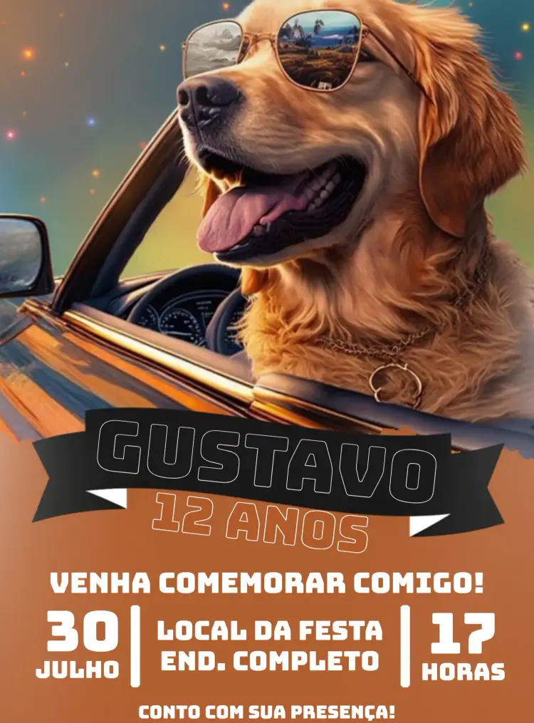 Convite Tardezinha Cachorro Golden – tema Mais pesquisados colorido, divertido, animais, tarde ensolarada, ilustrações de cães, moderno