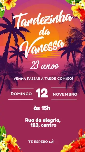 Convite Tardezinha com Flores – tema Aniversário floral, roxo, tropical, vibrante, descontraído, moderno